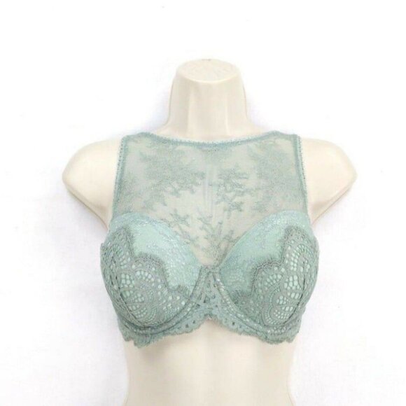 Victorias Secret Dream Angels Bra Lined Demi Green Lace High Neck 32DDD NEW - Picture 2 of 10